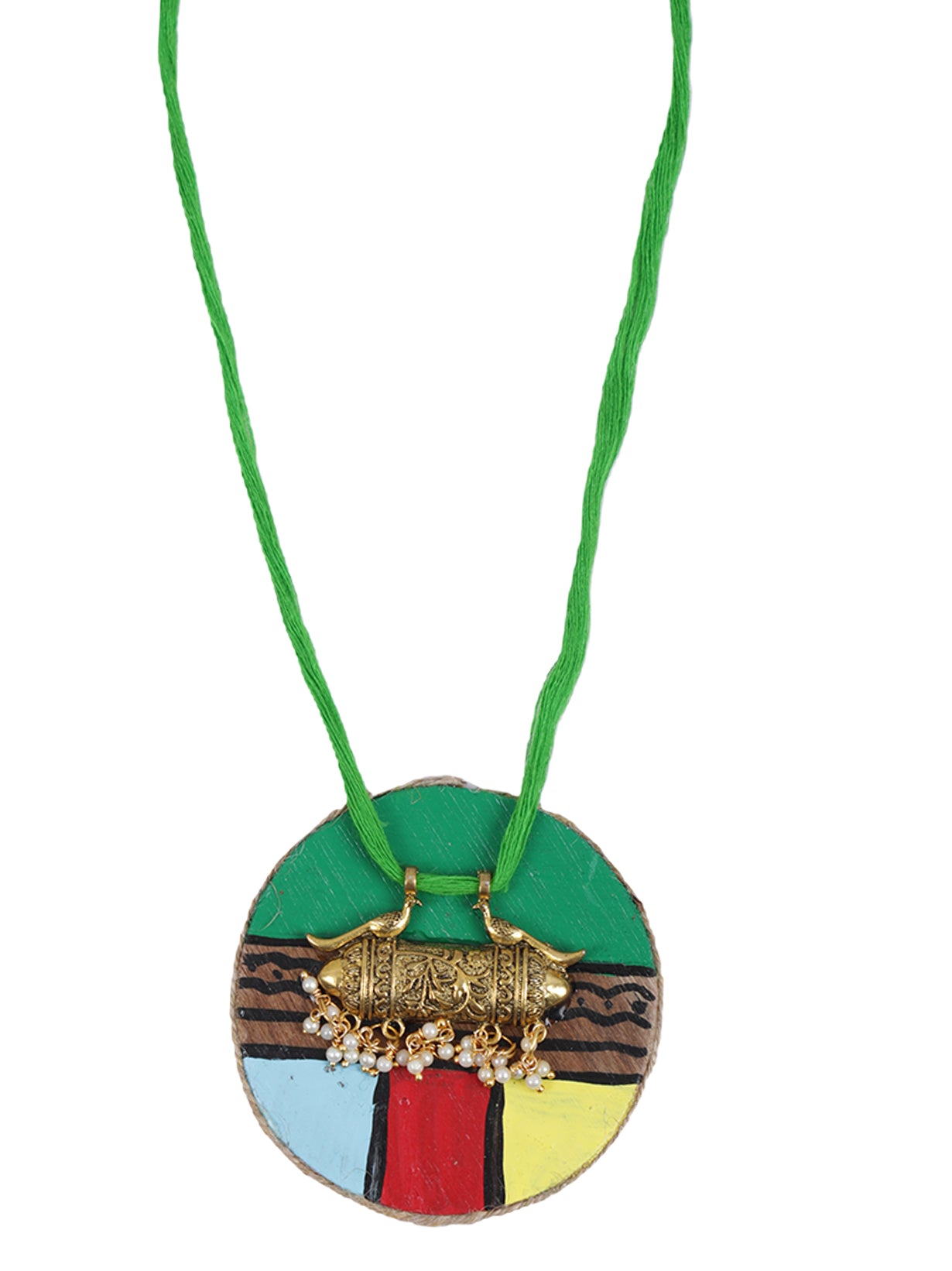 Wooden Pendant Fabric Closure Necklace Set with Antique Gold Finish Earrings