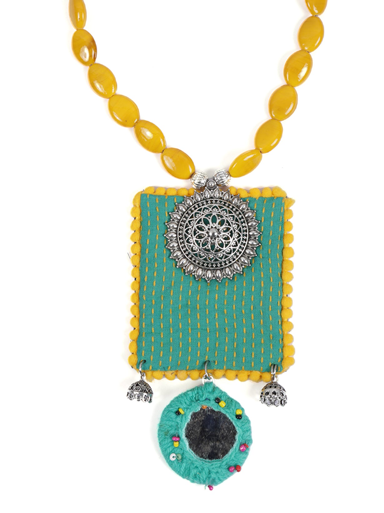 Green Kantha Work Necklace Set with Warrior Metal Pendant and Stones