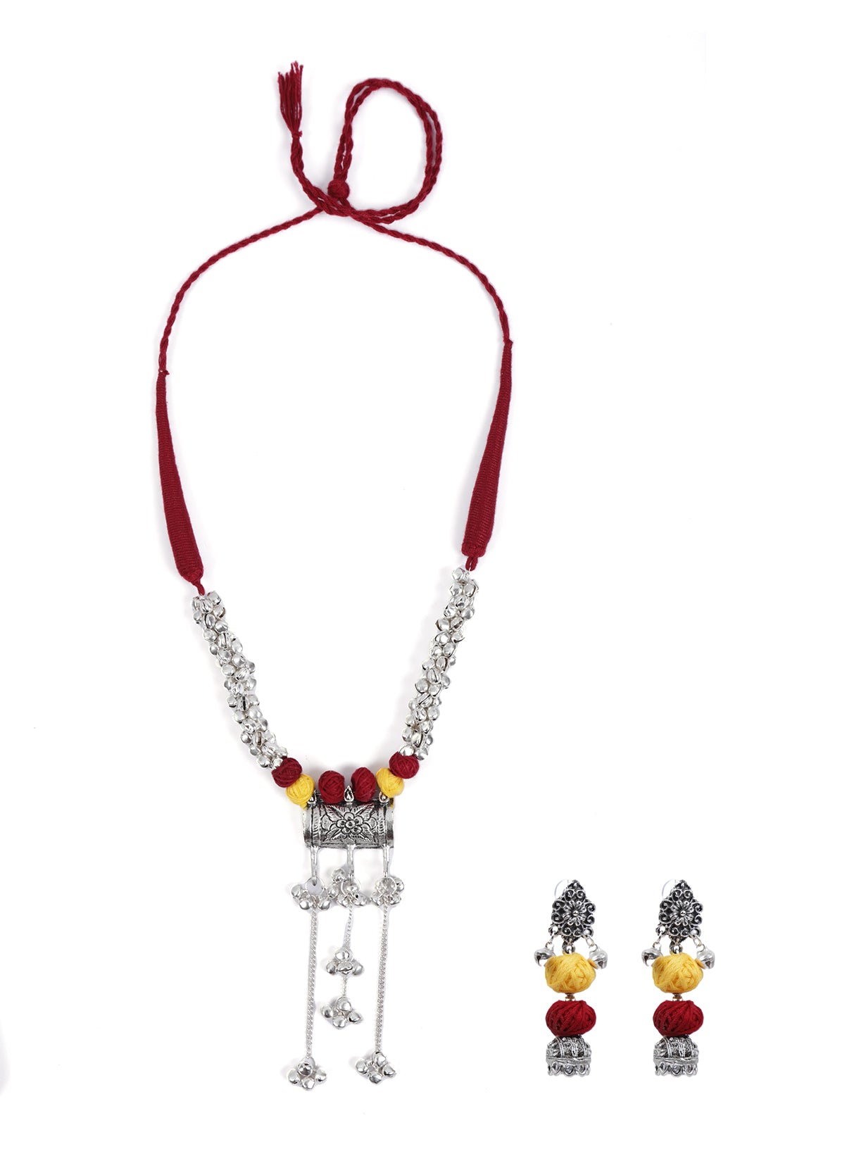 Fabric Beads and Metal Necklace Set with Dangler Earrings