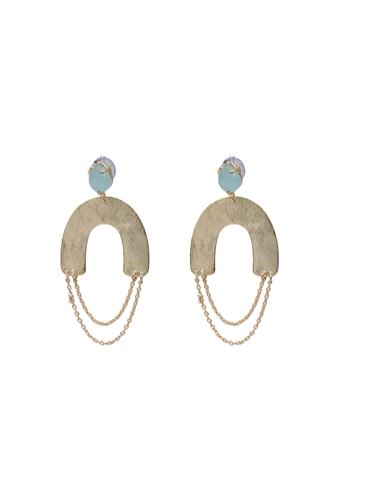 Horse Shoe Brass Earrings with Chain Strings and Turquoise Stone
