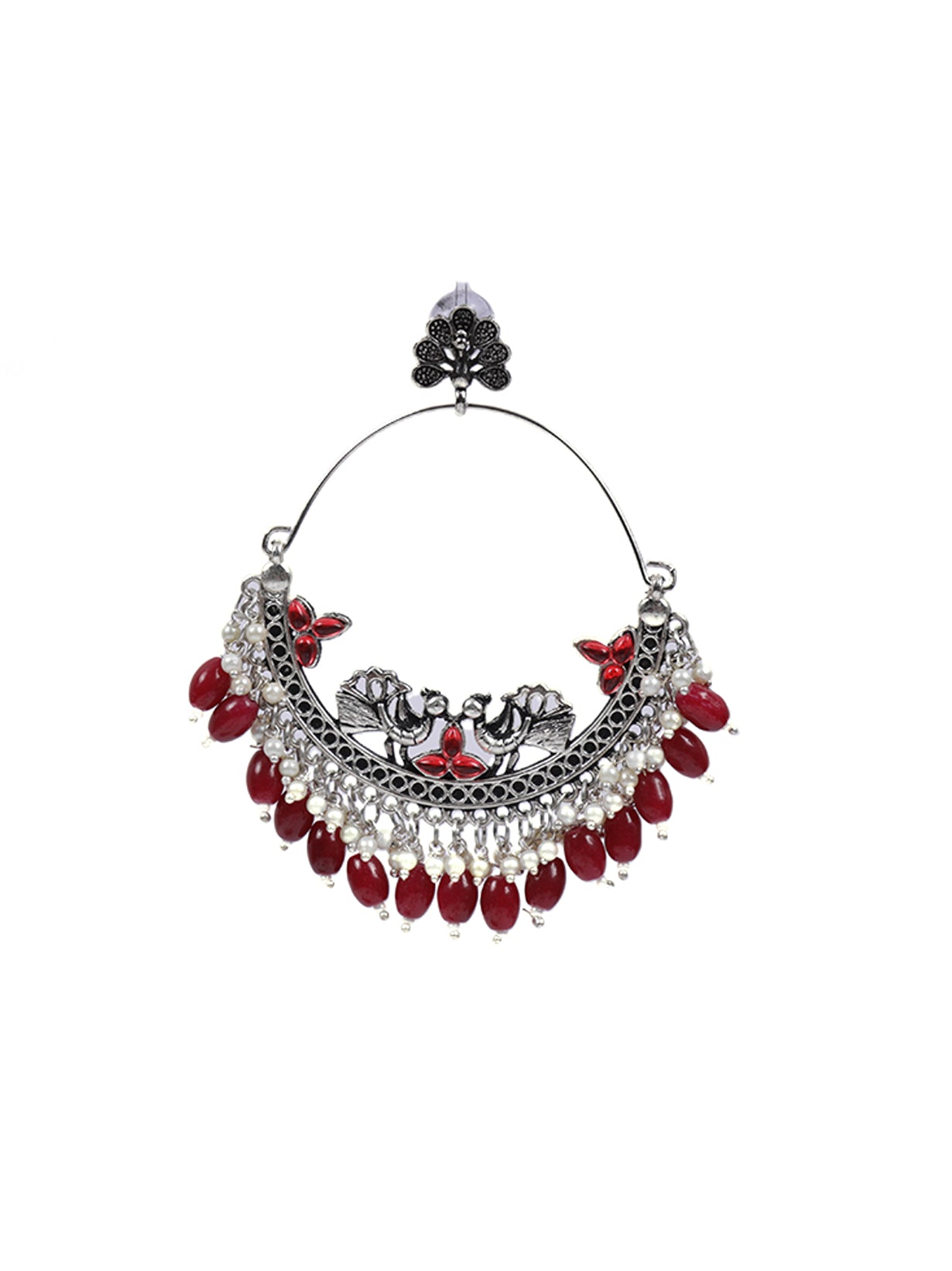 Chandbali Dangler Earrings with Peacock Motifs and Maroon Beads