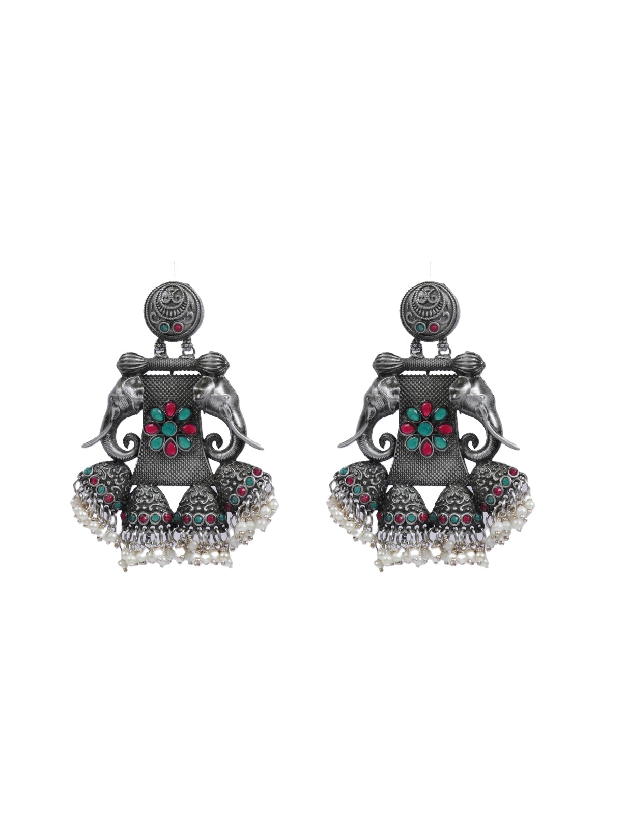 Red & Green Rhinestones Elephant Motif Elaborate Metal Earrings