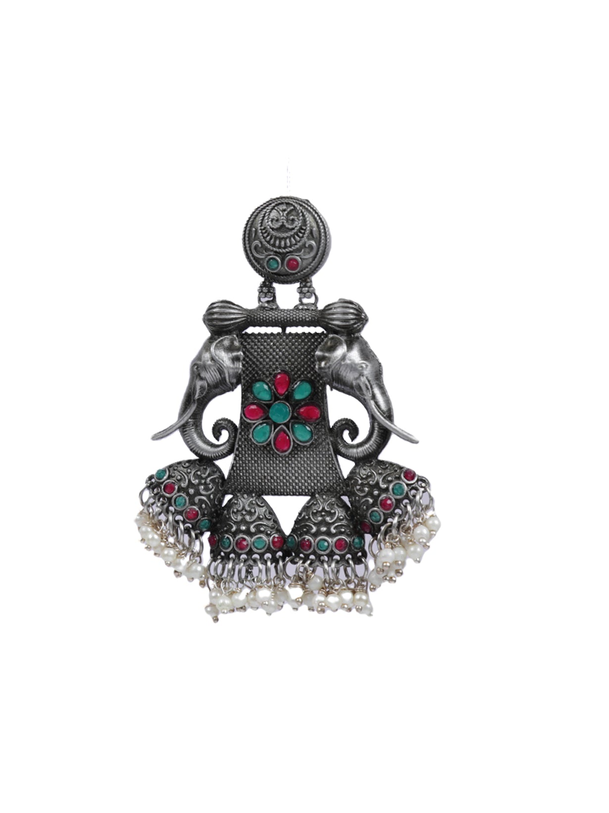 Red & Green Rhinestones Elephant Motif Elaborate Metal Earrings