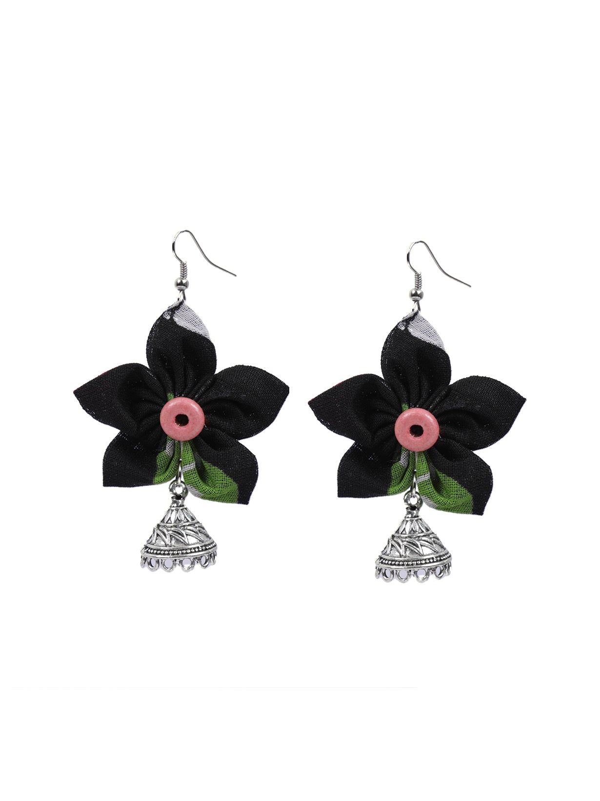 Black Handcrafted Fabric Earrings with Jhumka Endings