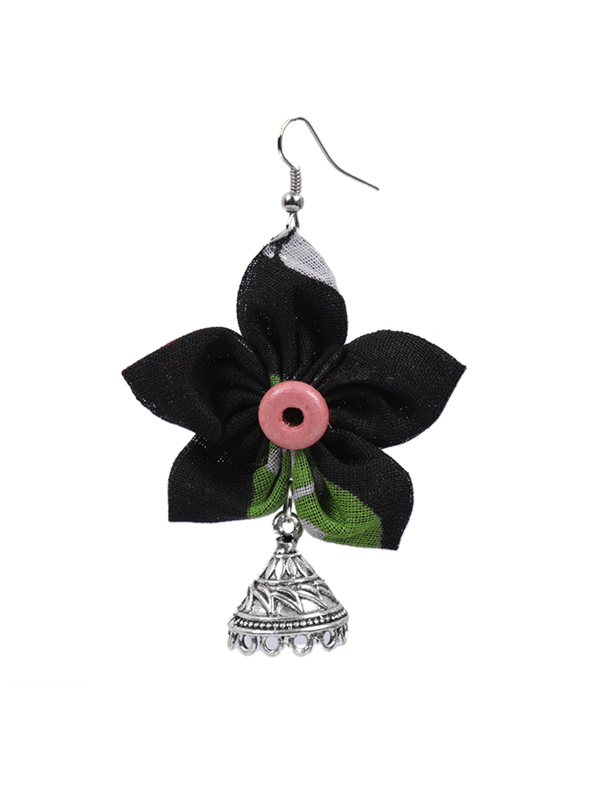 Black Handcrafted Fabric Earrings with Jhumka Endings