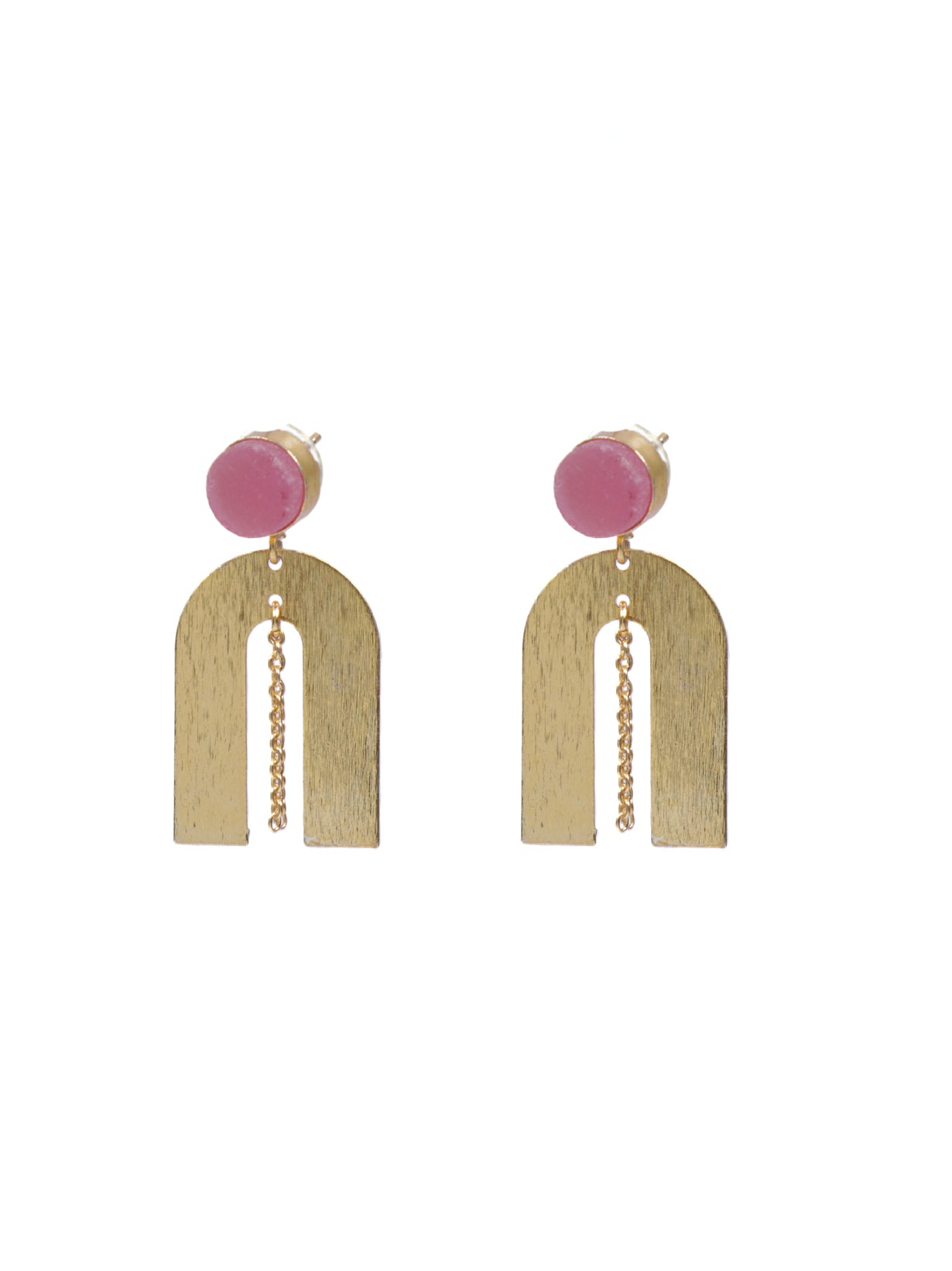 Horse Shoe Brass Earrings with Chain Strings and Pink Stone