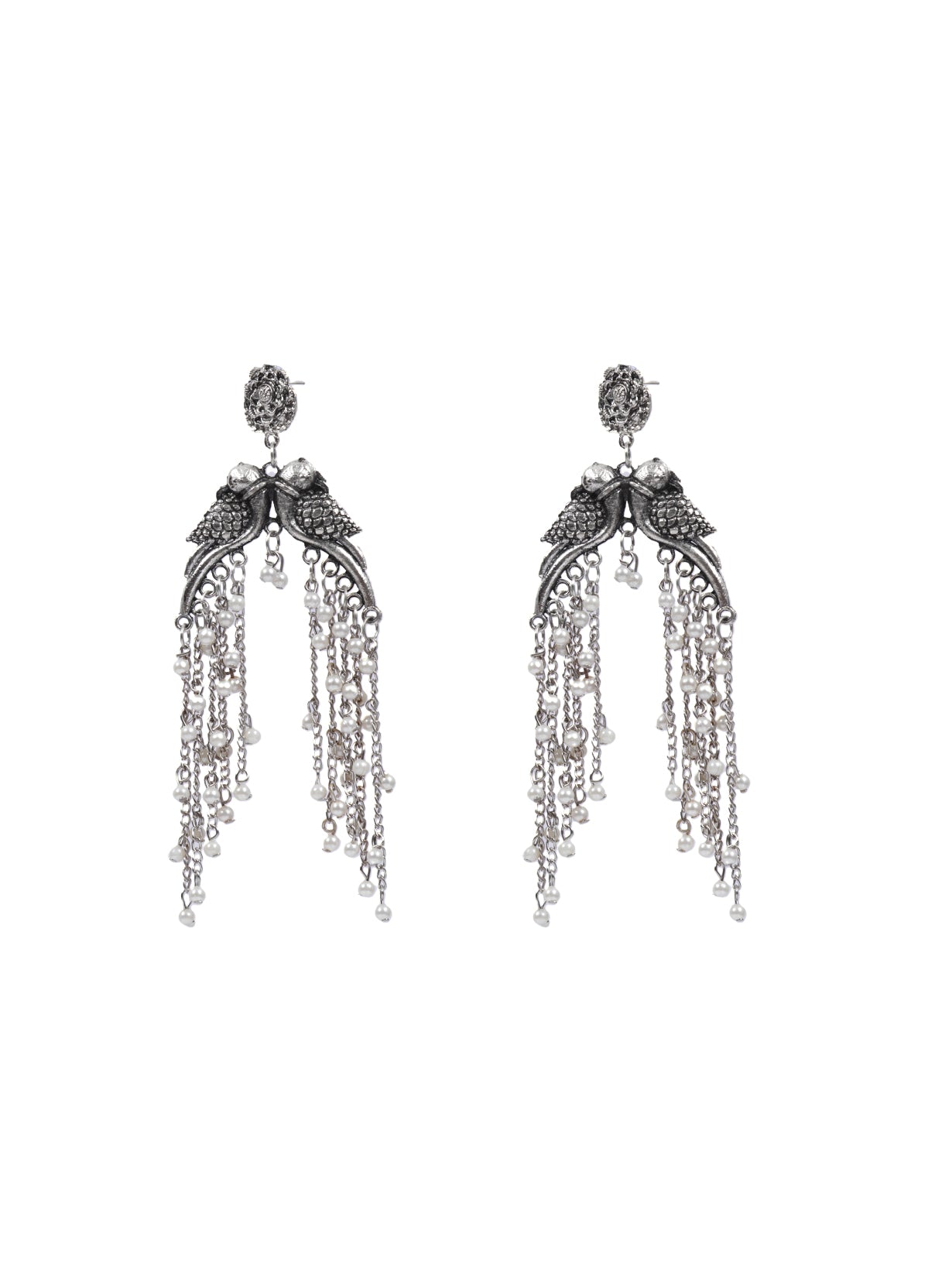 Intricately Crafted Long Peacock Earrings with White Beads