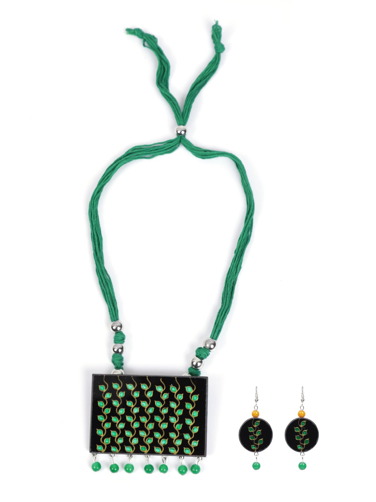 Hand Painted Leaf Motifs on Glass Necklace Set with Thread Closure