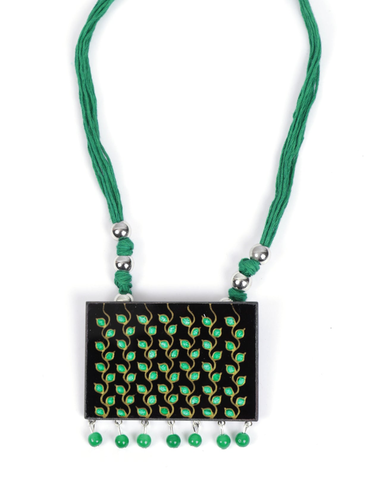 Hand Painted Leaf Motifs on Glass Necklace Set with Thread Closure