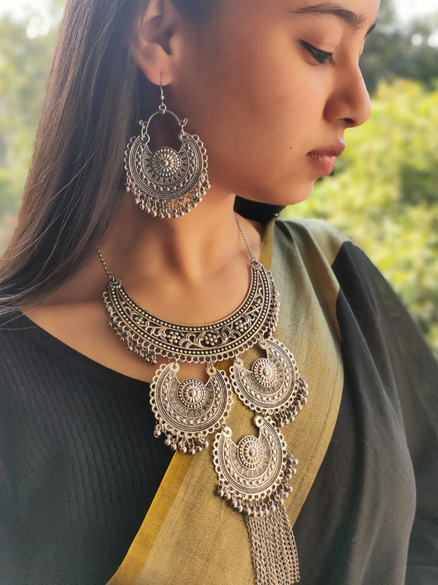 Oxidised Silver Long Chain Choker Style Necklace Set