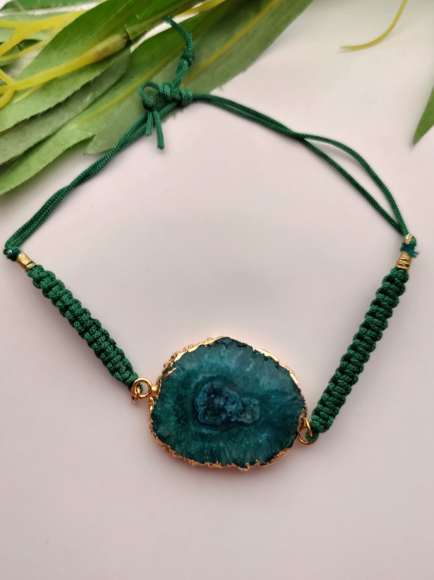 Natural Sea Green Agate Stone Marble Rakhi with Gold Detailing