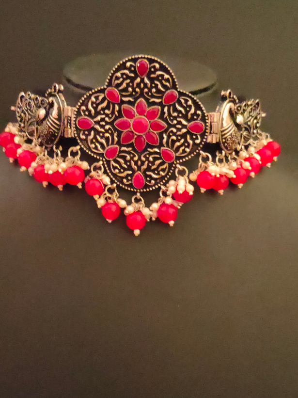 Oxidised Silver Choker Necklace Set with Rhinestones and Red Beads
