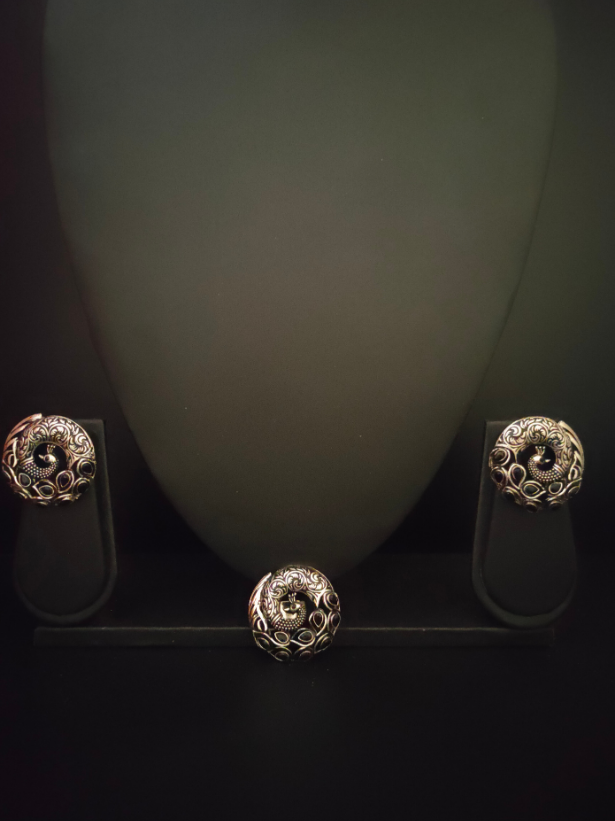 Set of 3 - Peacock Earrings and Ring with Black Stones