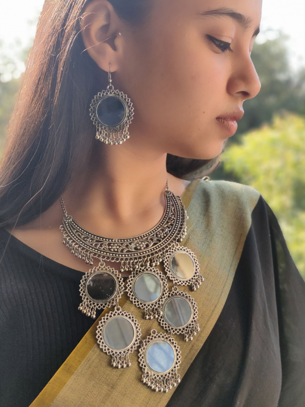 Oxidised Silver Choker Style Mirror Work Necklace Set