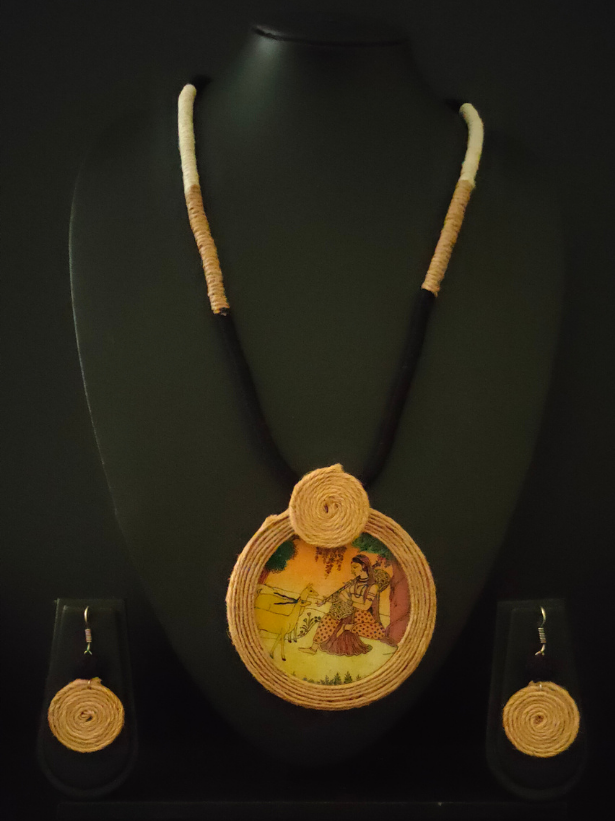 Village Scene Printed Necklace Set with Jute