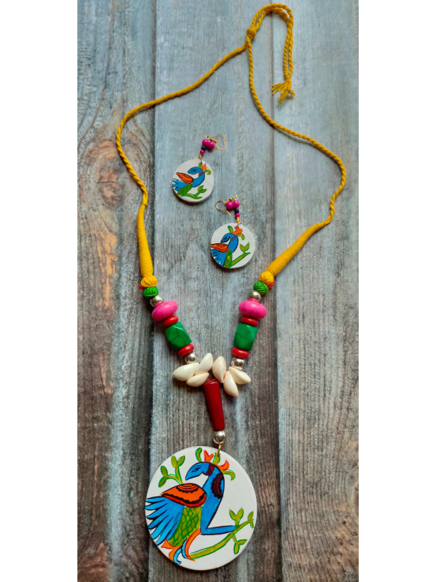 Hand Painted Peacock Wooden Necklace Set with Shells and Thread Closure