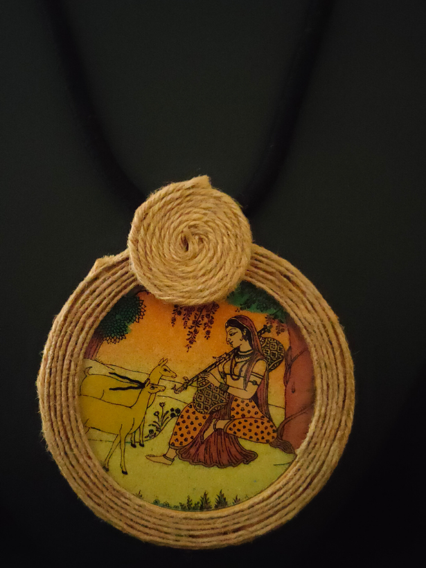 Village Scene Printed Necklace Set with Jute
