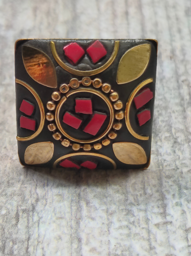 Black and Red Square Tibetan Ring with Gold Detailing