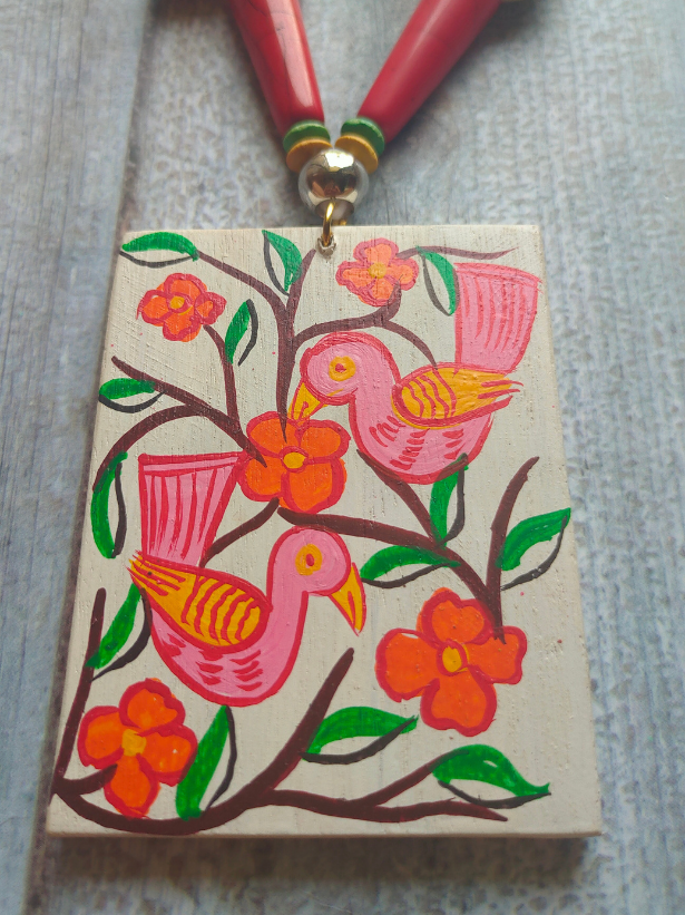 Hand Painted Birds Ceramic Necklace Set with Black Thread Closure