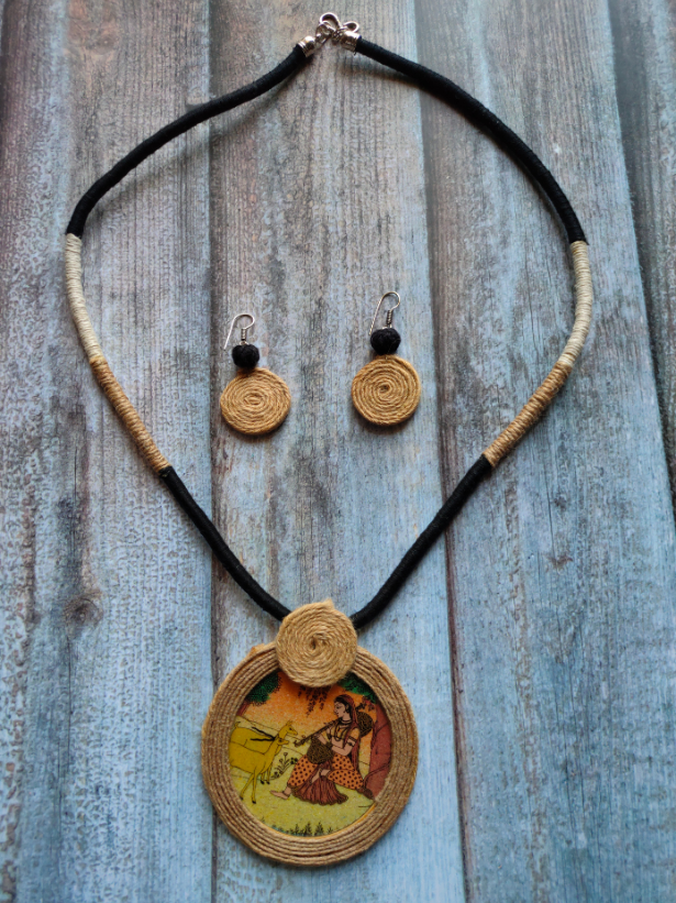 Village Scene Printed Necklace Set with Jute
