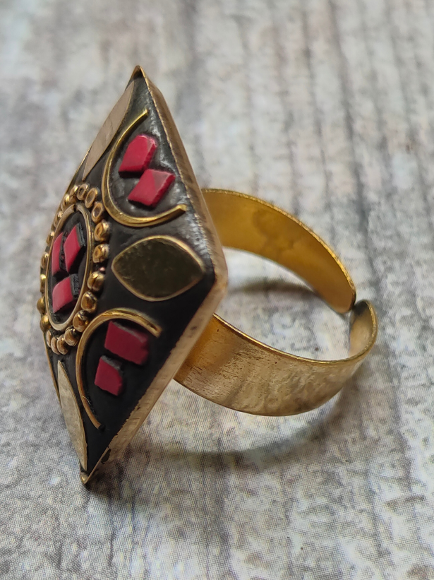 Black and Red Square Tibetan Ring with Gold Detailing