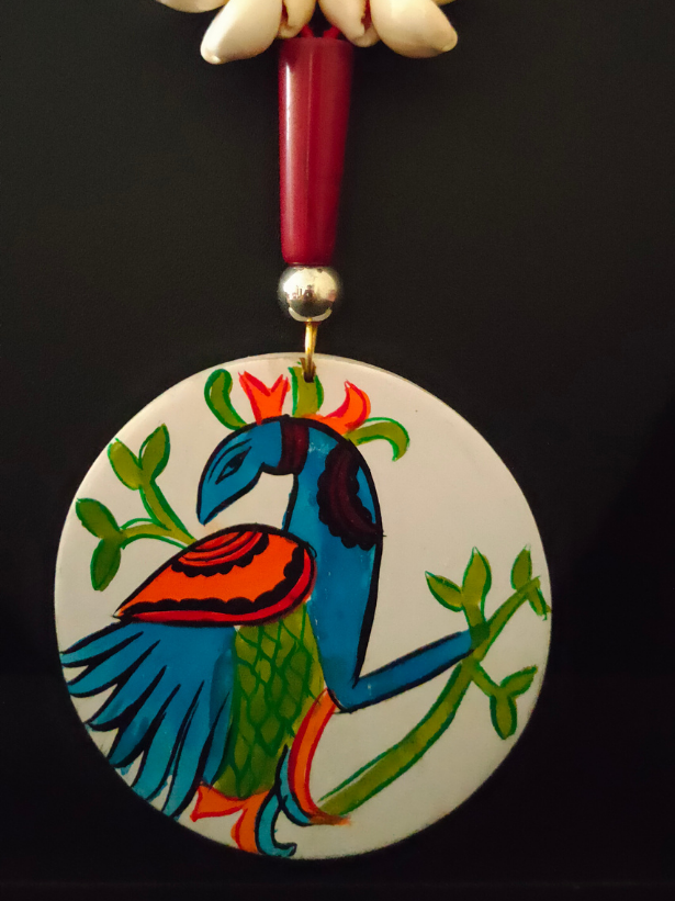 Hand Painted Peacock Wooden Necklace Set with Shells and Thread Closure