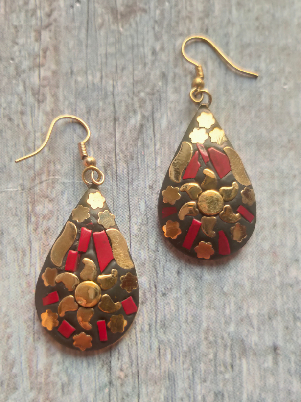 Black and Red Tibetan Drop Earrings with Gold Detailing