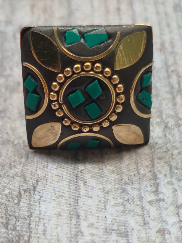 Black and Turquoise Square Tibetan Ring with Gold Detailing