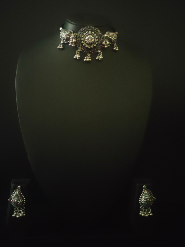 Oxidised Silver Metal Choker Necklace Set