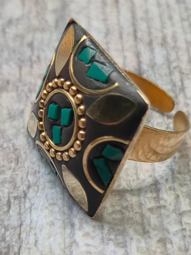 Black and Turquoise Square Tibetan Ring with Gold Detailing