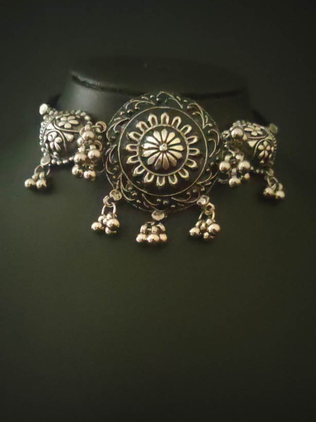 Oxidised Silver Metal Choker Necklace Set
