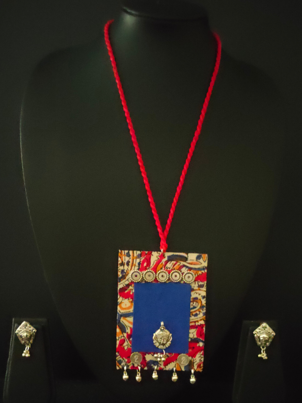 Kalamkari Necklace Set with Religious Motif and Rope Closure