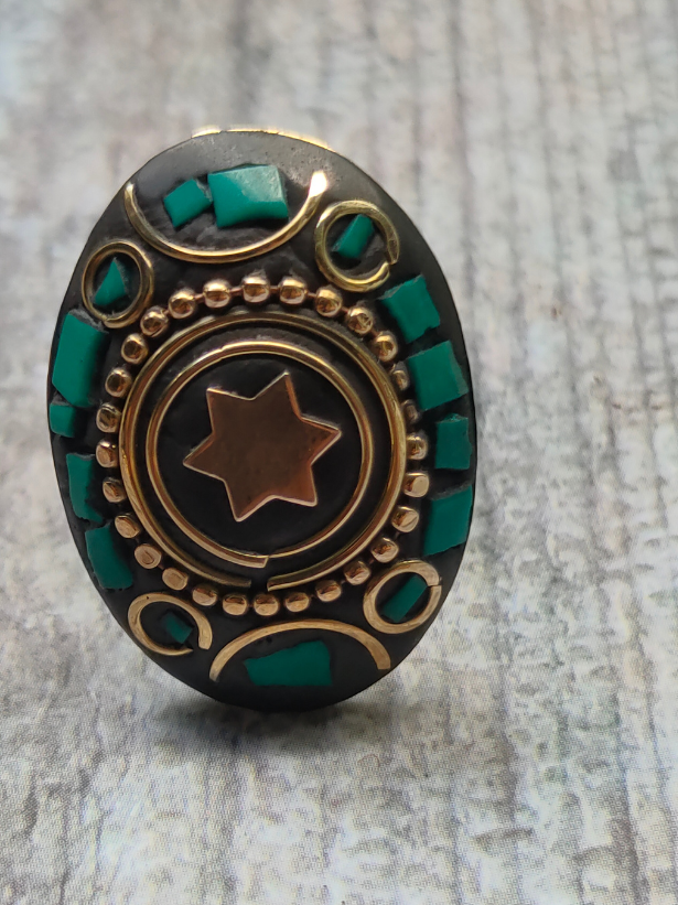 Black and Turquoise Oval Tibetan Ring with Gold Detailing