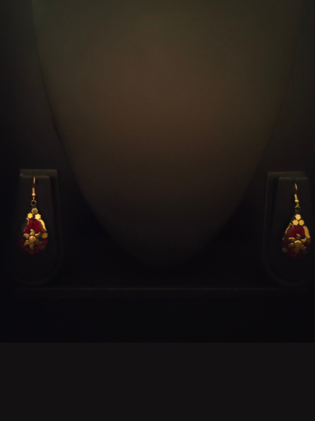Black and Red Tibetan Drop Earrings with Gold Detailing