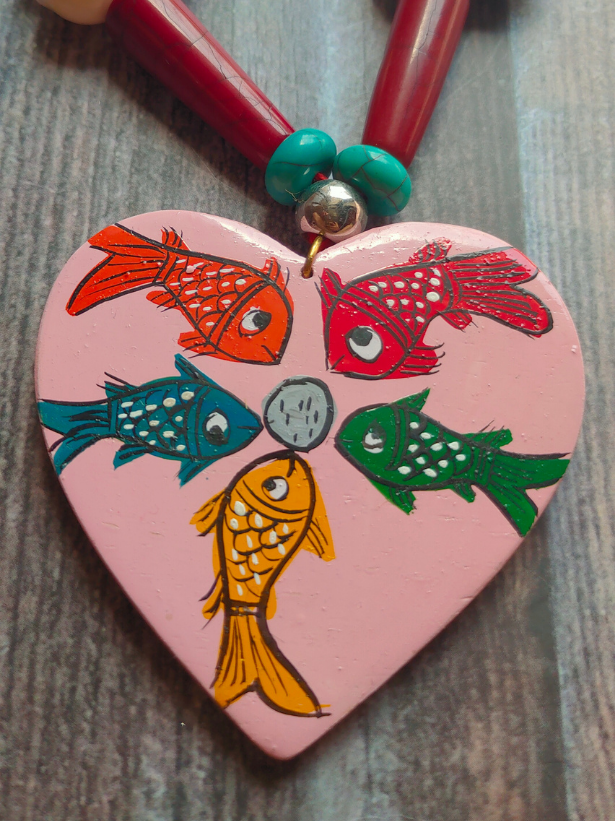 Hand Painted Fishes Wooden Necklace Set with Shells and Thread Closure