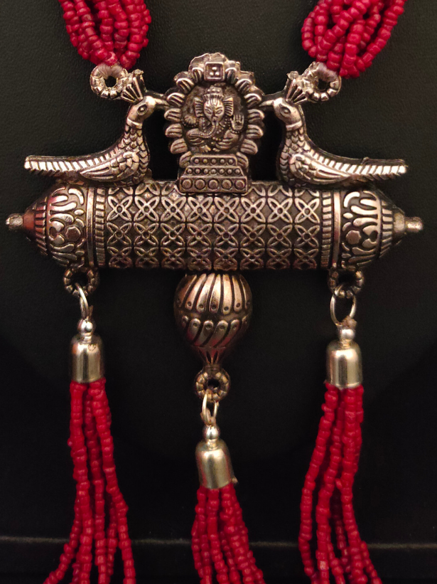 Red Multi Layer Beaded Strands Necklace with Metal Pendant