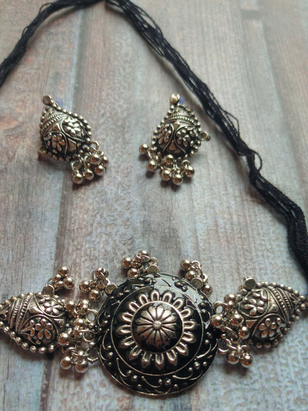 Oxidised Silver Metal Choker Necklace Set