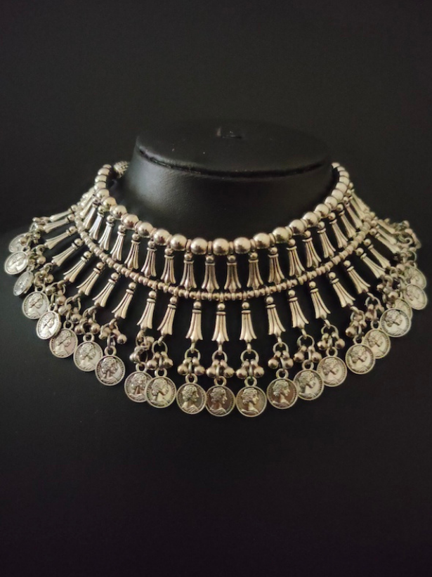 2 Layer Metal Choker Necklace Set with Stamped Coins Strands