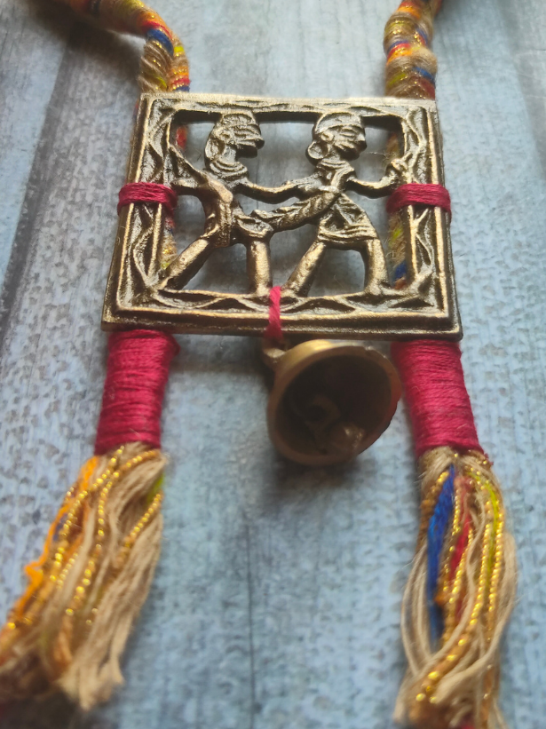 Threaded Fabric Necklace Set with Tribal Motifs Metal Pendant