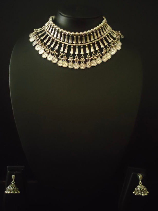 2 Layer Metal Choker Necklace Set with Stamped Coins Strands