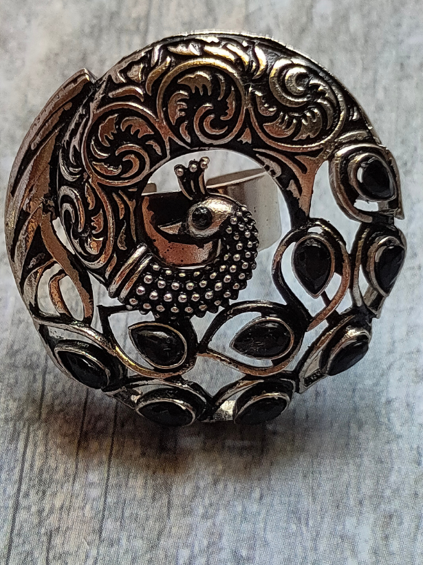 Set of 3 - Peacock Earrings and Ring with Black Stones