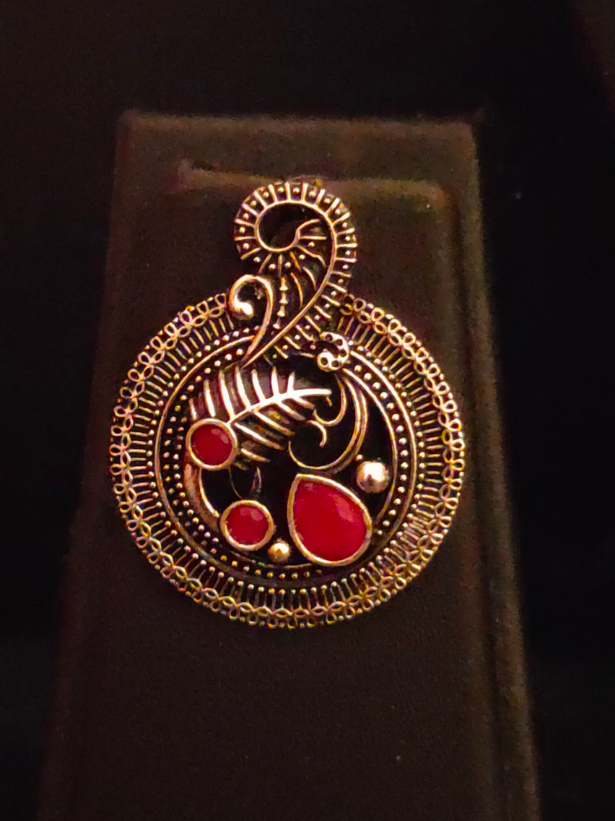 Oxidised Silver Choker Necklace Set with Rhinestones and Red Beads