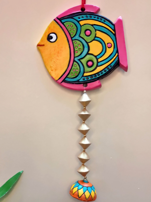 Handmade and Hand-Painted Yellow Fish Terracotta Wall Hanging