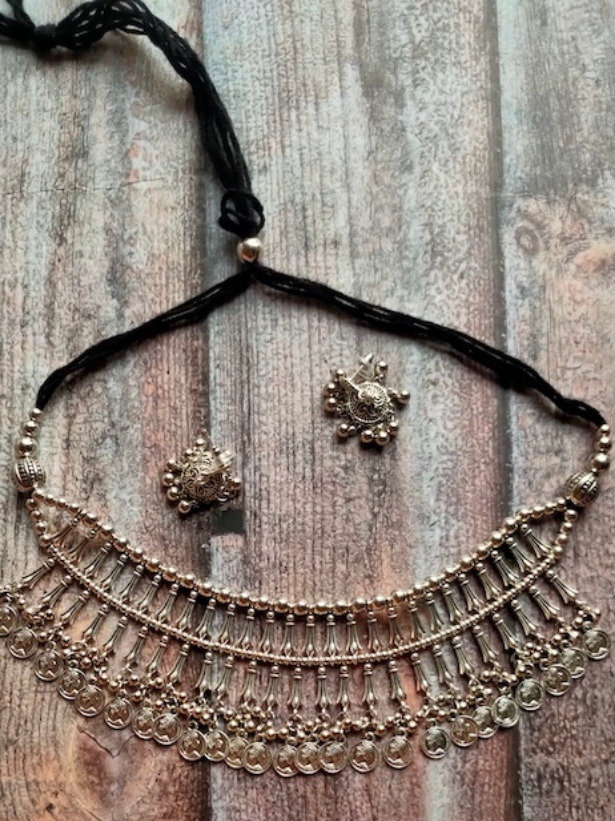 2 Layer Metal Choker Necklace Set with Stamped Coins Strands