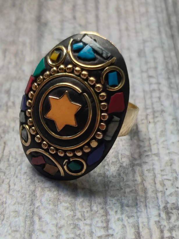 Black and Multi-Color Oval Tibetan Ring with Gold Detailing