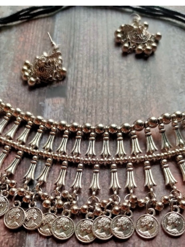 2 Layer Metal Choker Necklace Set with Stamped Coins Strands