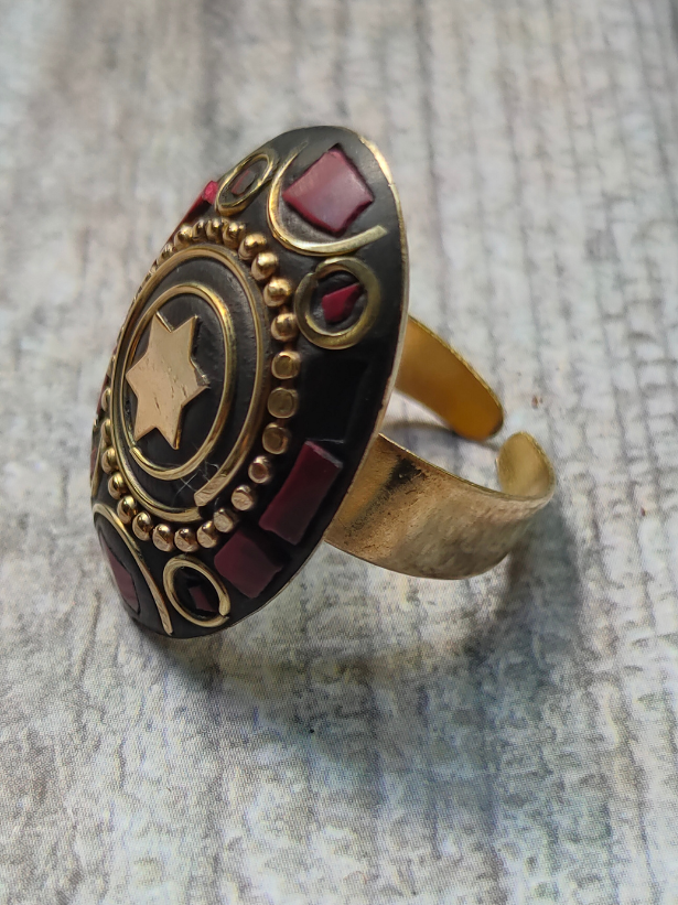 Black and Red Oval Tibetan Ring with Gold Detailing
