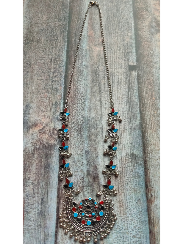 Traditional Afghani Necklace with Multi-Color Enamel Work and Stones