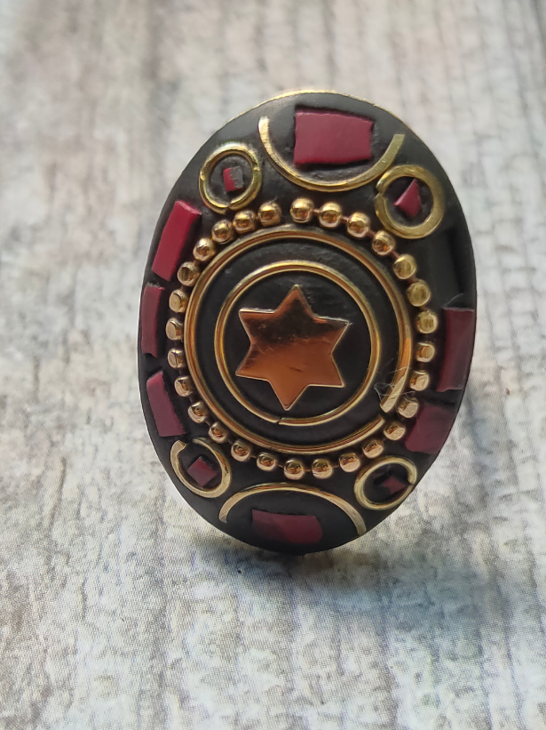 Black and Red Oval Tibetan Ring with Gold Detailing
