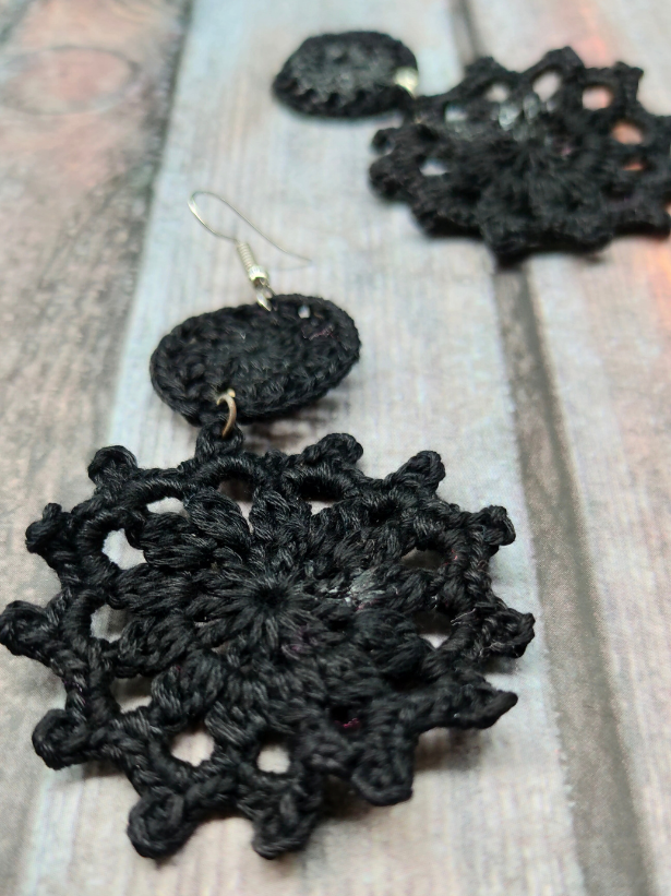 Black Hand Knitted Crochet Earrings
